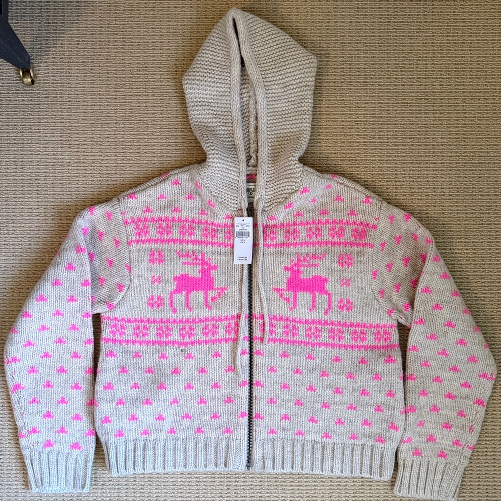 NWT American Eagle Outfitters Women’s Grey and Pink Reindeer Cardigan with Hood
